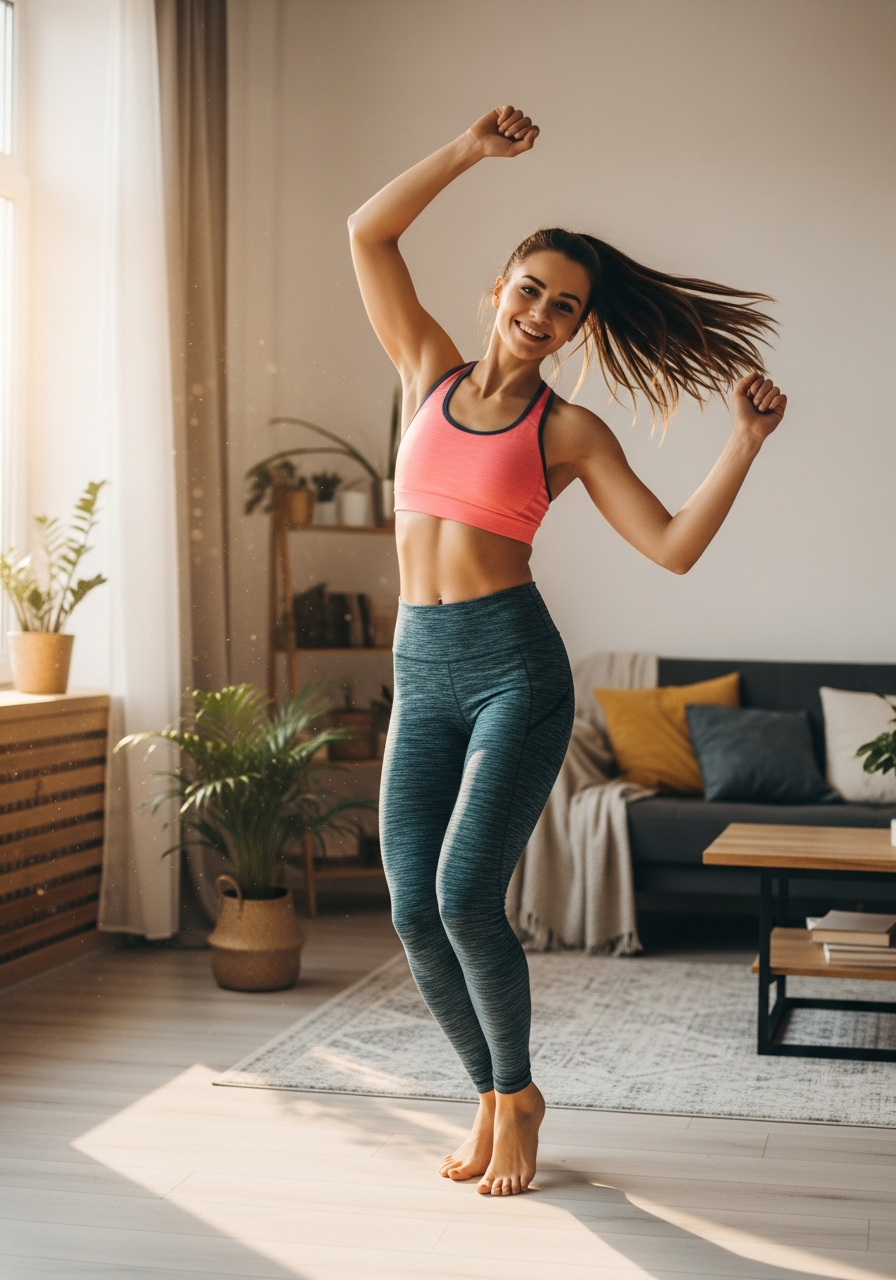 Девушка занимается танцевальной аэробикой дома